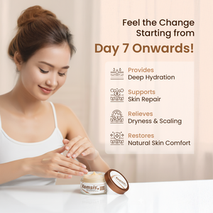 Woman applying xemsis cream to her hand with branding, featuring product benefits on a beige background.