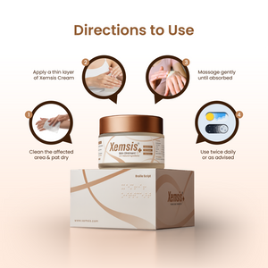 Xemsis cream with direction to use instructions on a beige background