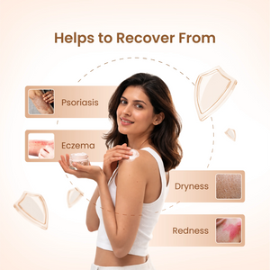 Woman applying cream with text indicating benefits for psoriasis, eczema, dryness, and redness on a beige background.
