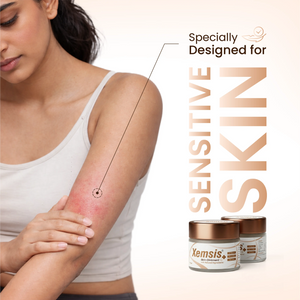 A woman's affected redness on hands with a beige background, adding text like Specially designed for sensitive skin with Xemsis jar.