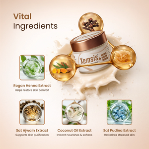 Xemsis cream with vital ingredients including rogan henna, ajwain extract, coconut oil, and pudina extract