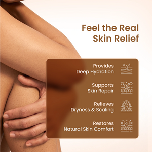 Close-up of skin with a brown rectangular panel detailing skin care benefits on a beige background