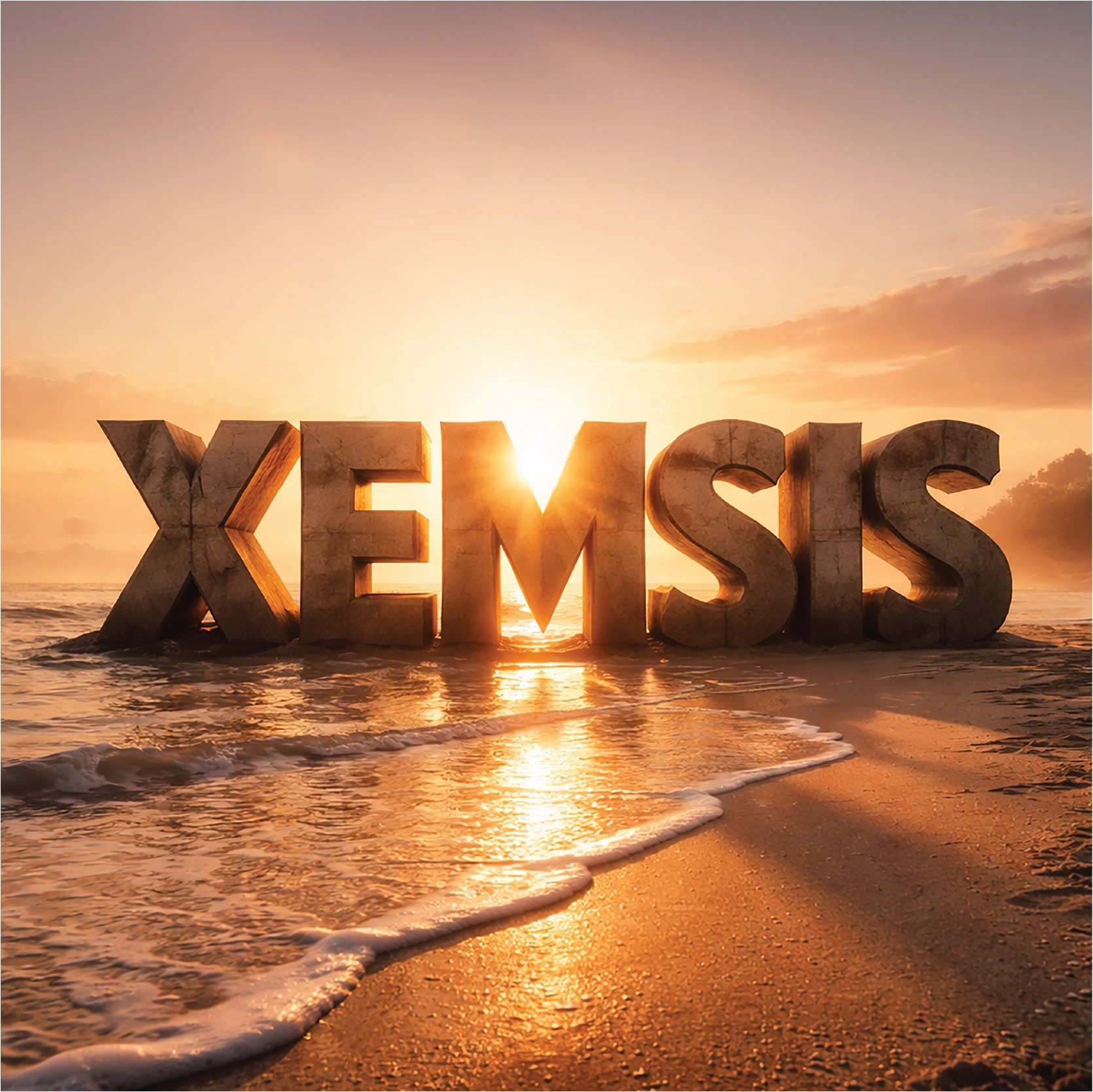 Large 3D letters spelling XEMSIS on a beach at sunset.