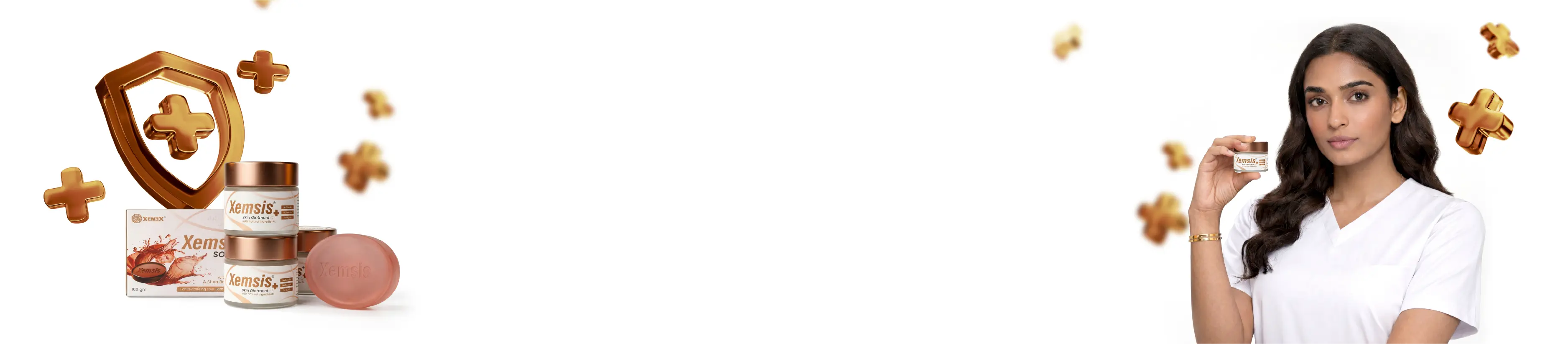 Woman holding a jar of cream with product packaging and decorative elements on a white background