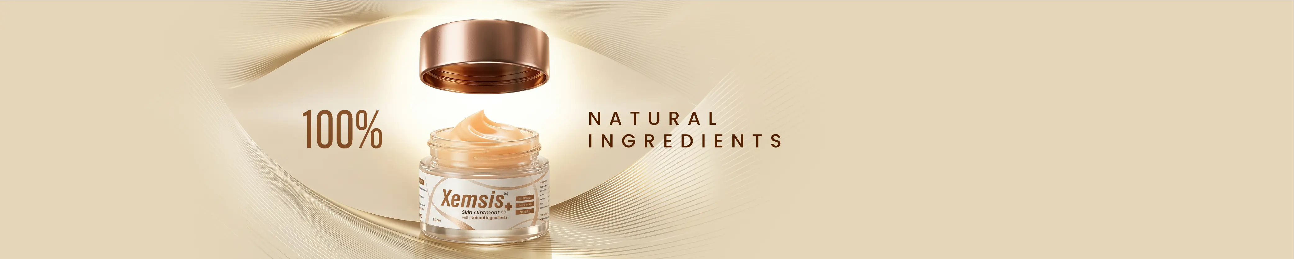 xemsis skin cream with beigh background and it contains 100% naural ingredients