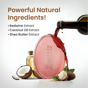 Xemsis soap with red wine, coconut oil, and shea butter extracts being poured onto it.