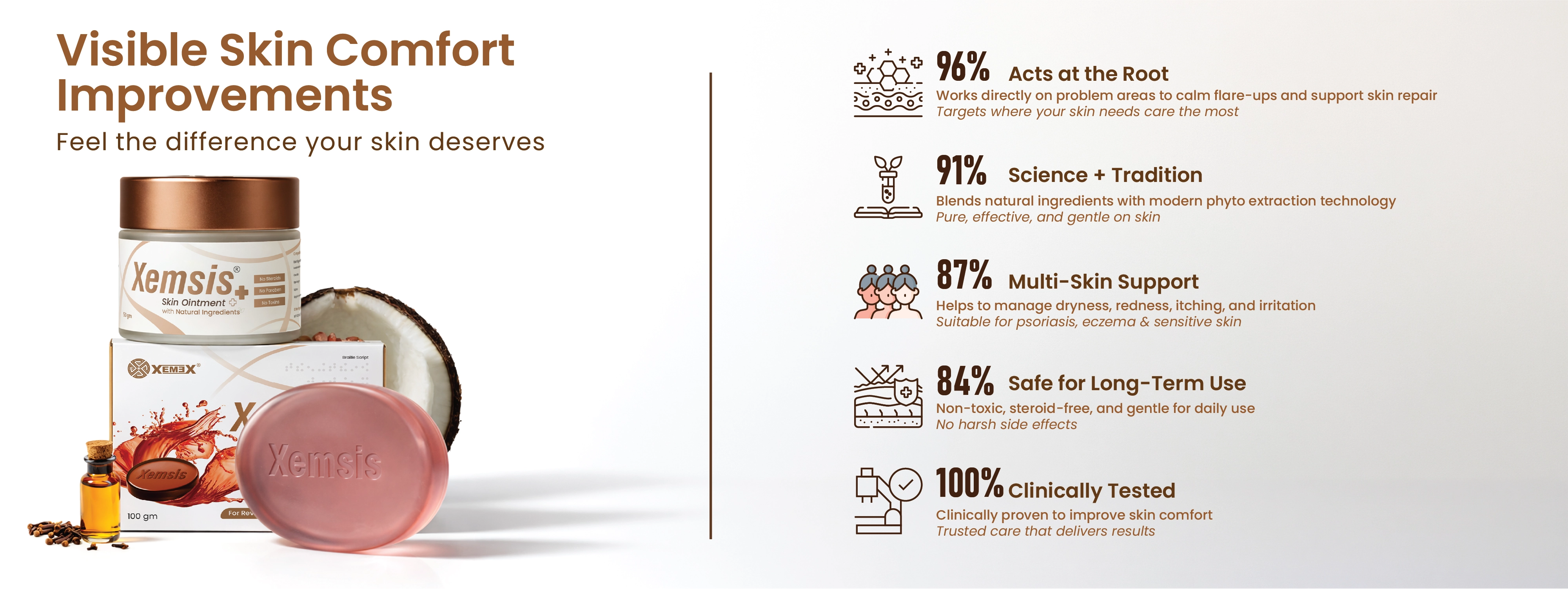 Cosmetic product with visible skin comfort improvements text and icons on a white background