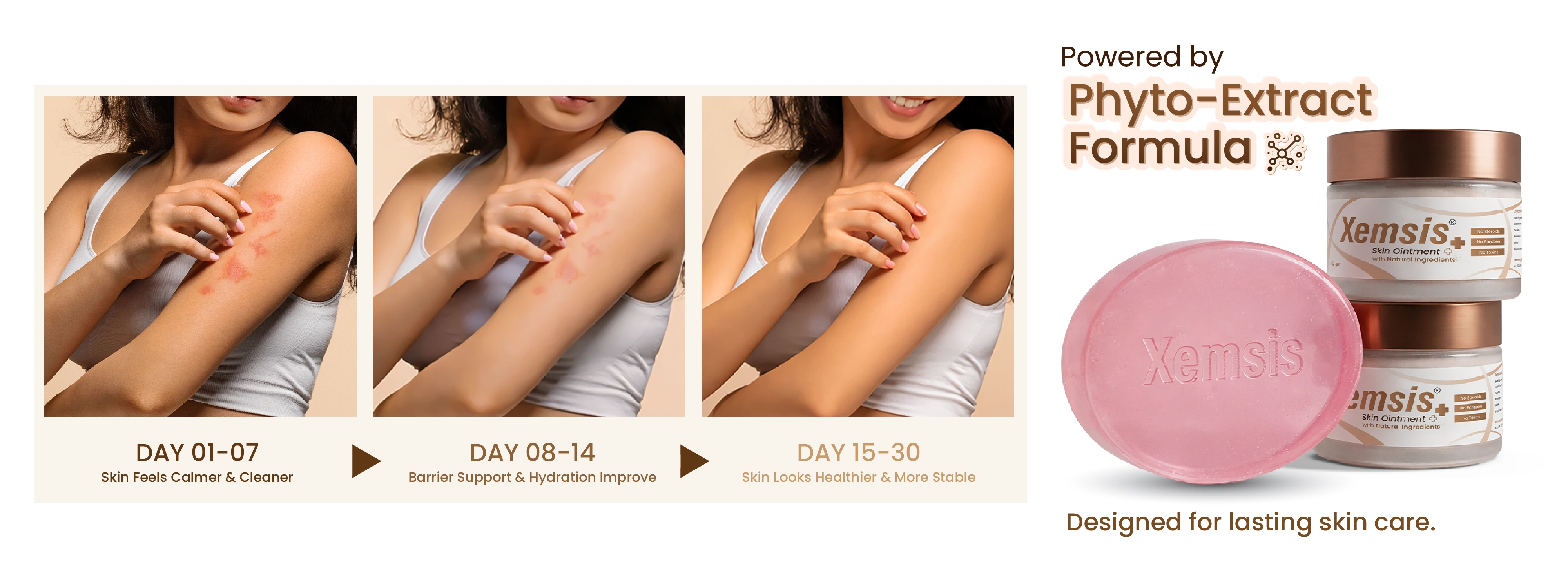Product advertisement for a skin care regimen with images of a woman's arm, a pink soap bar, and a jar labeled xemsis
