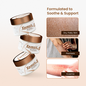 Xemsis skin cream jars with images of dry, flaky skin, psoriasis, and eczema on a beige background.