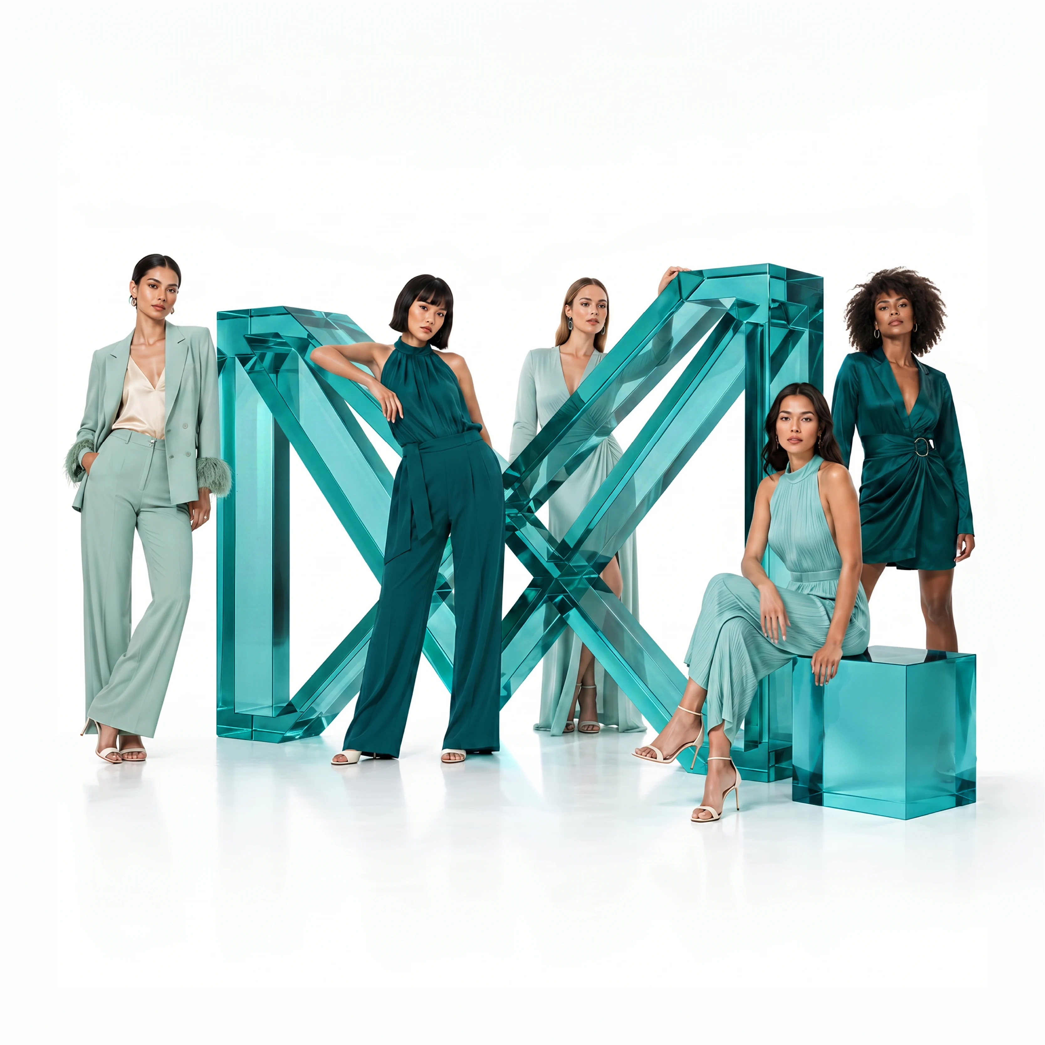 Five women in teal outfits posing with turquoise geometric sculptures on a white background