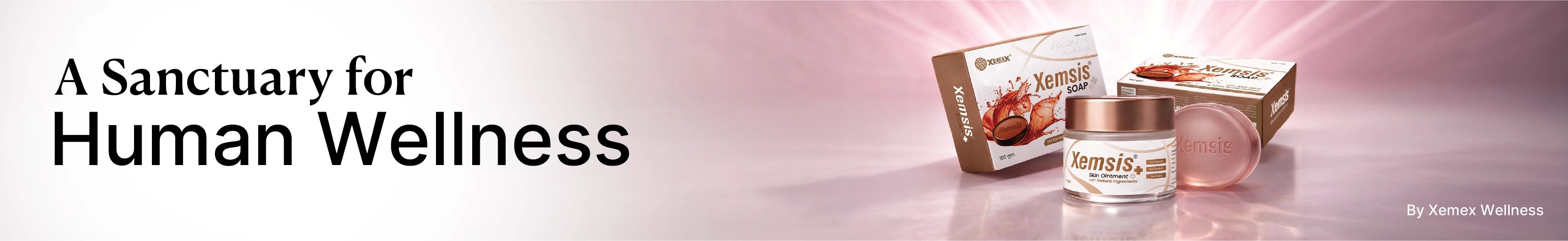 Wellness products with a pink background and text 'A Sanctuary for Human Wellness'.
