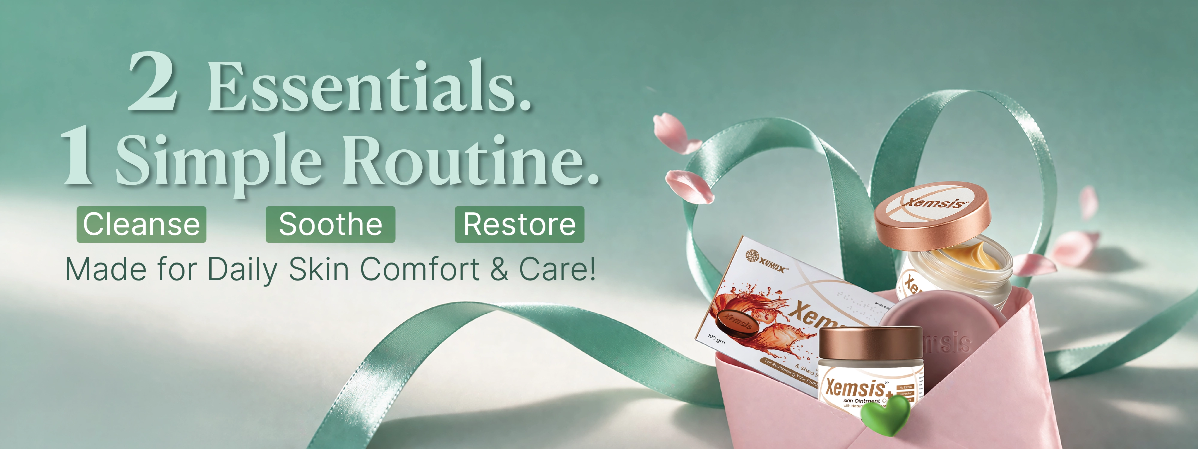 Wellness product with a pink bag and green ribbon on a light green background, featuring text about daily skin care routines.