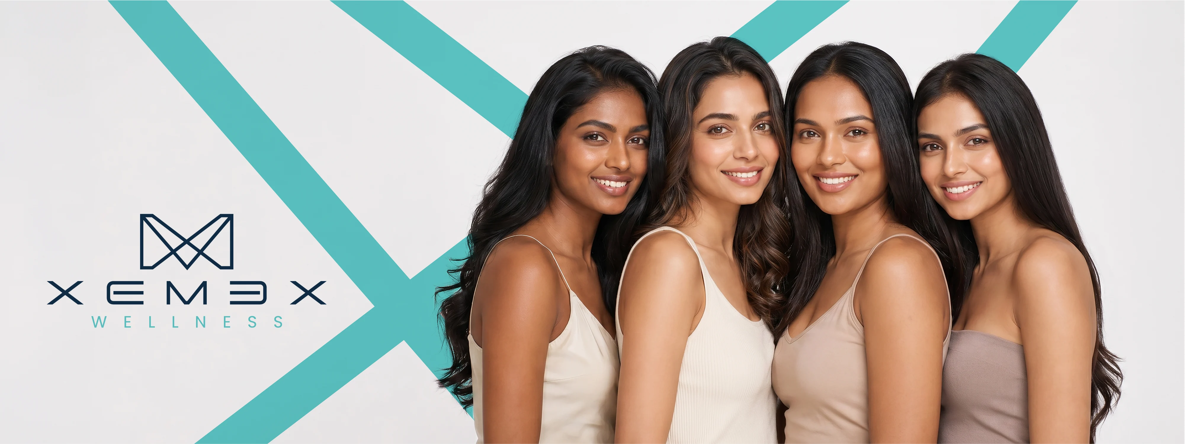 Four women with long hair standing together, with Xemex Wellness logo on a white background