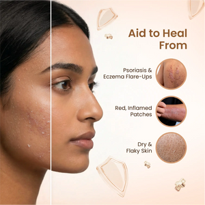 Woman's face with skin conditions and product benefits on a beige background