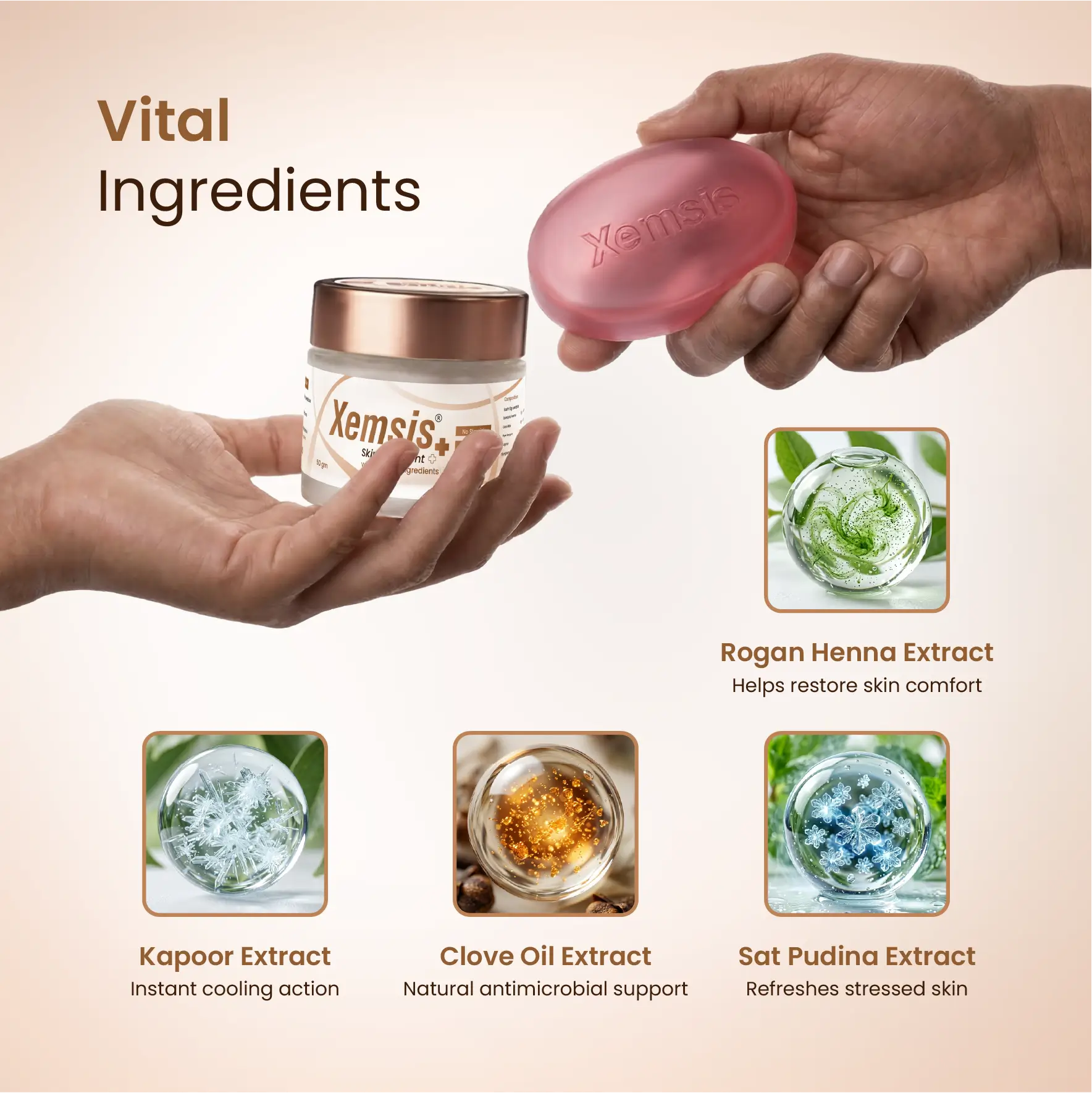 Xemsis skincare products with ingredients displayed on a beige background