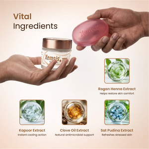 Xemsis skincare products with ingredients displayed on a beige background
