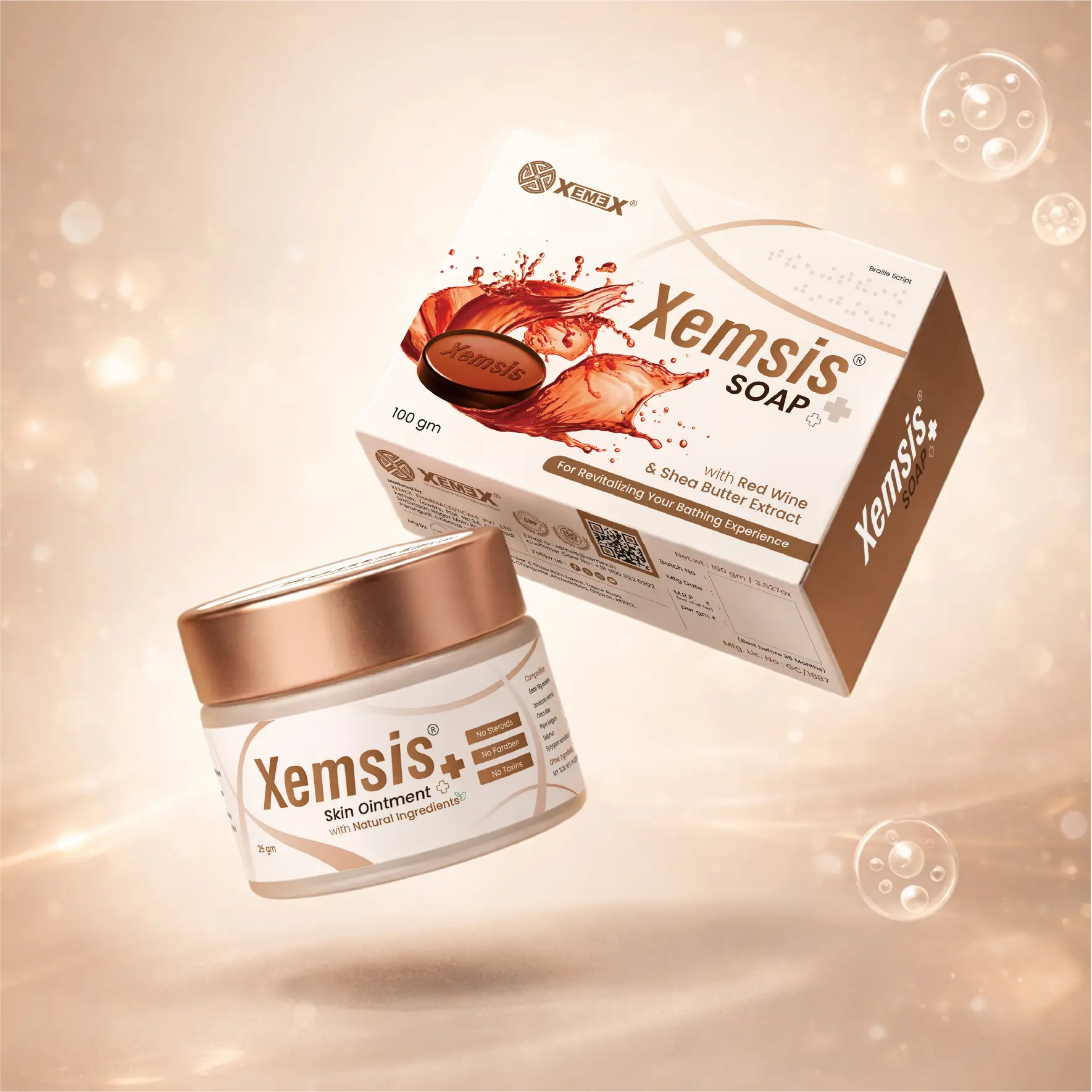 Xemsis skin ointment jar and soap box on a beige background with bubbles.