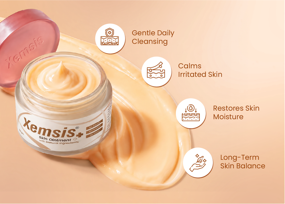 Xemsis skincare cream jar with benefits on a beige background