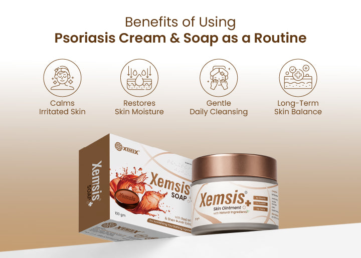 Xemsis psoriasis cream and soap with benefits listed on a beige background