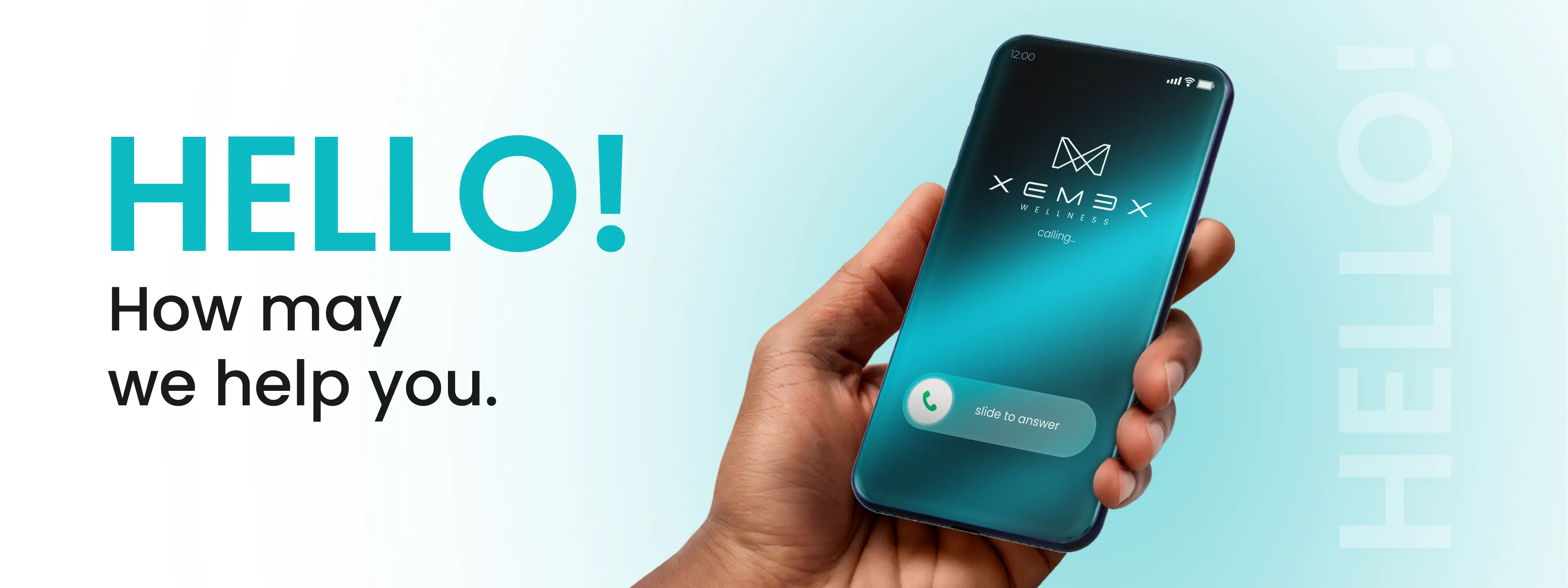 Hand holding a phone with XEMEX wellness calling image on a light blue background