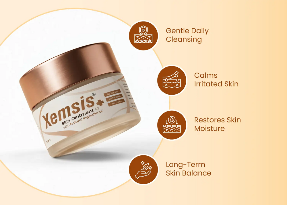 Xemsis skin cream jar with benefits listed on a beige background
