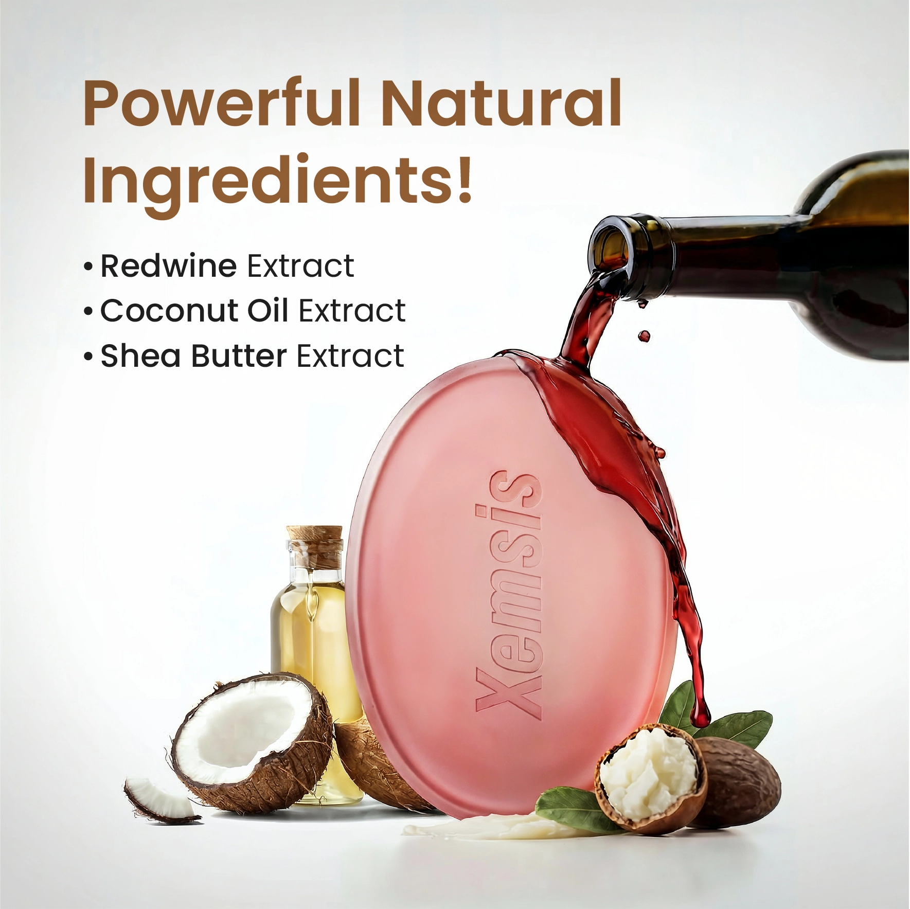 Xemsis soap with red wine, coconut oil, and shea butter extracts being poured onto it.