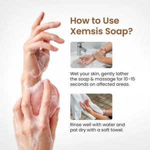 Instructions on how to use Xemsis Soap with images of hands being washed.