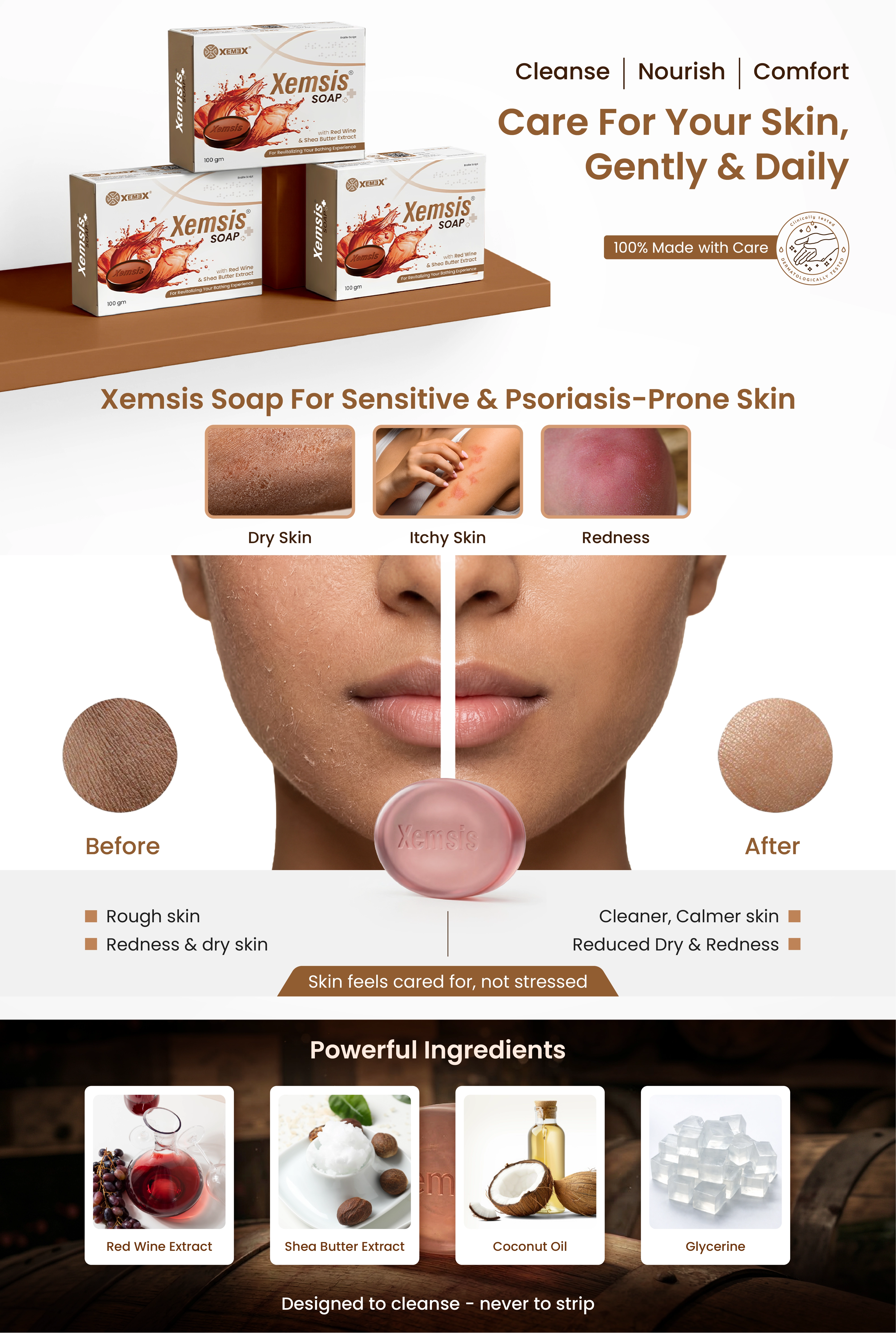 Ingredients listed for Xemsis soap for gentle care, with before-and-after images on a white background. 