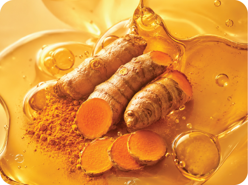 Turmeric roots and powder with oil on a yellow background