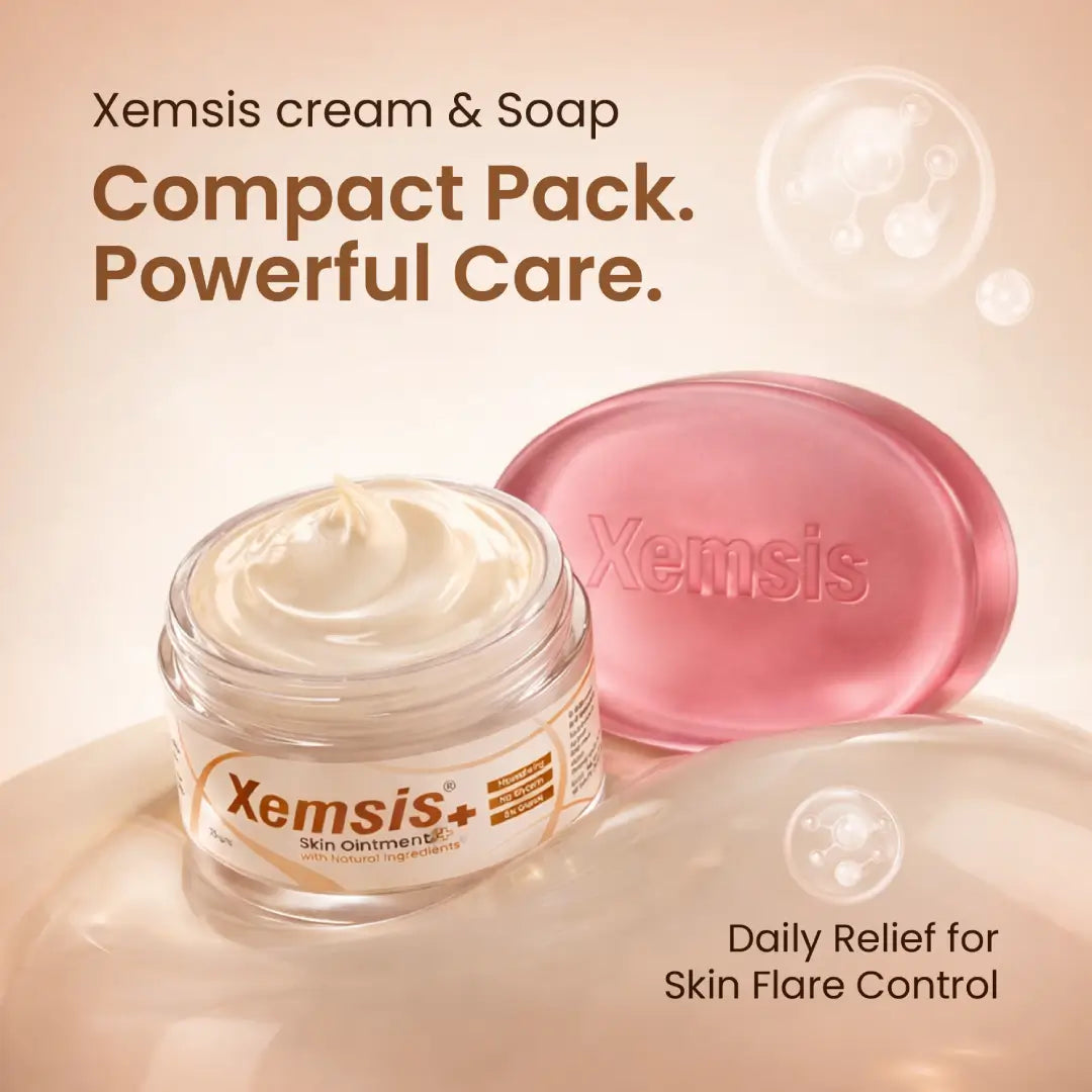 Xemsis cream and soap on a beige background with text about powerful care.
