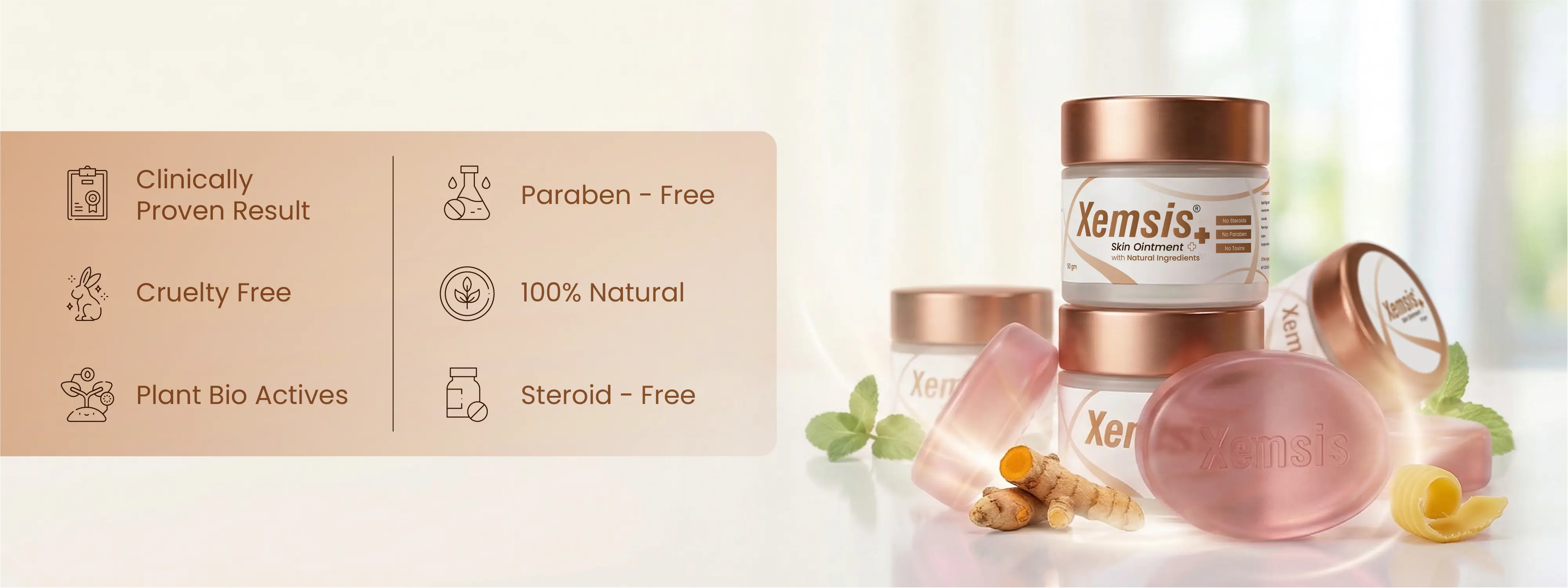 Xemsis skincare products with a focus on natural and safe ingredients.