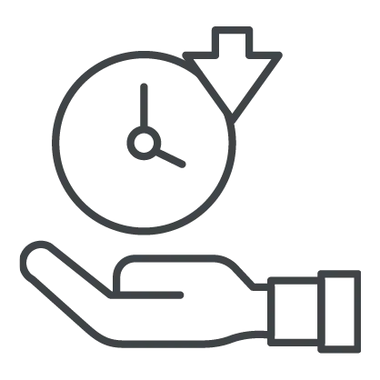 Line art of a hand holding a clock with an arrow pointing downwards