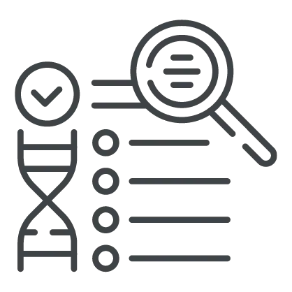 Icon of a DNA strand, magnifying glass, check mark, and list on a white background